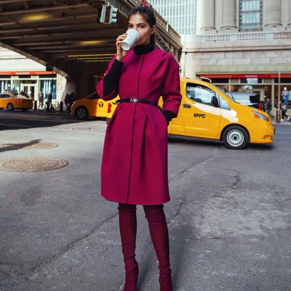 Zara puff sleeve wool blend belted coat fuchsia pink - Picture 4 of 15